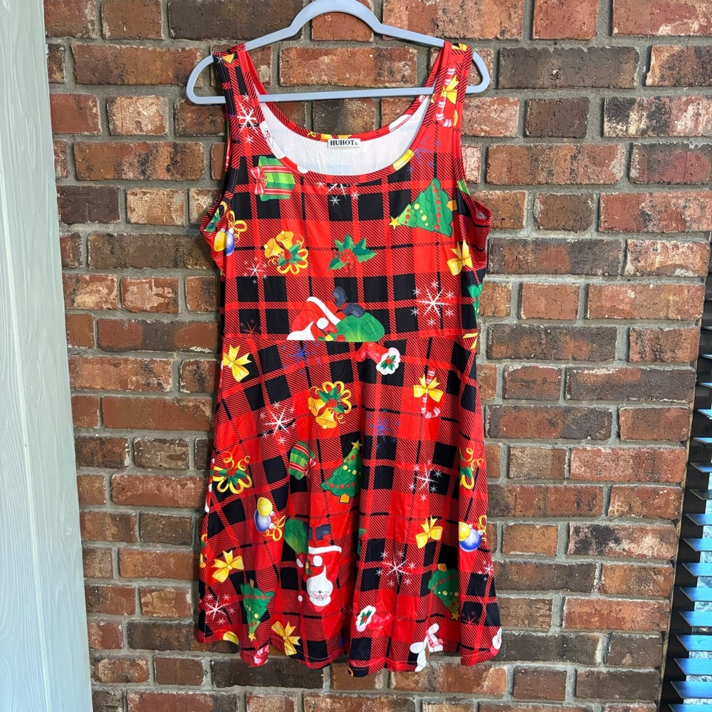 Womens sleeveless Christmas holiday party plaid swing skirt midi dress red XL